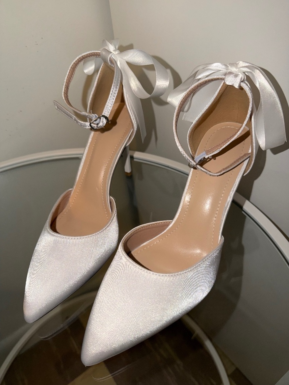 White satin bow heels